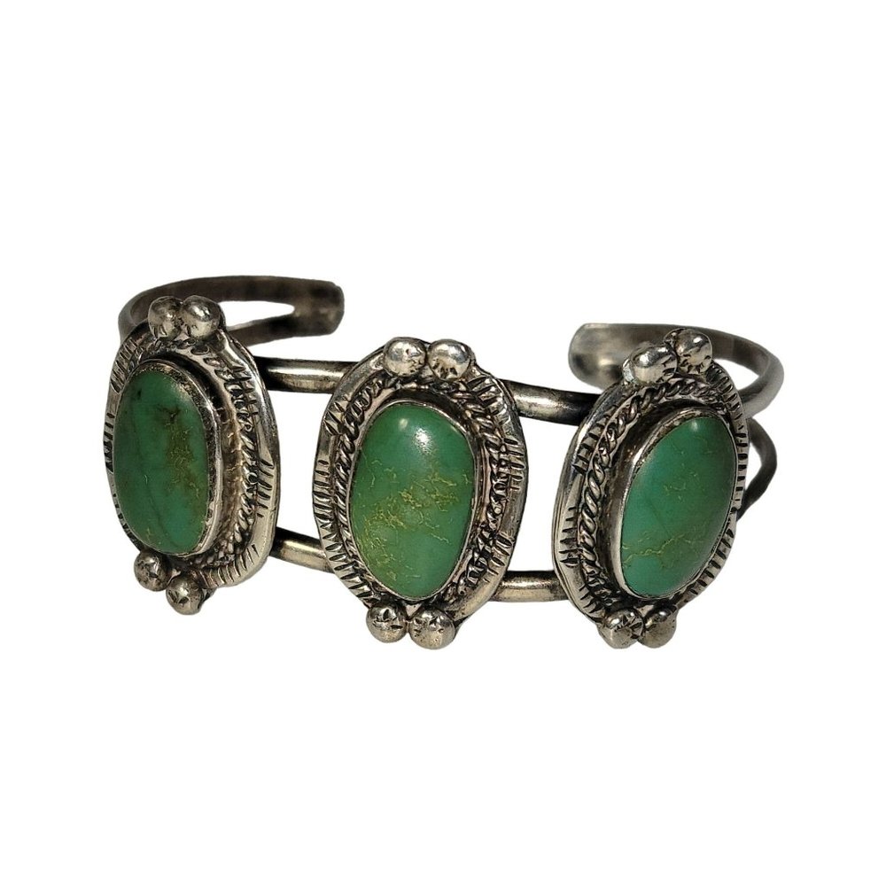 Vintage Navajo Sterling Silver & Green Turquoise Cuff Bracelet Signed 18g